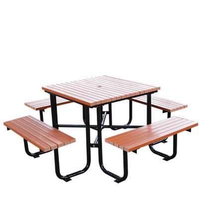 公園塑木戶外組合桌椅六邊形連體桌社區活動棋盤鐵藝創意簡約座椅