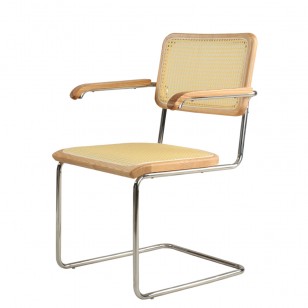藤編實木扶手餐椅中古風設計師靠背椅子簡約不鏽鋼椅
